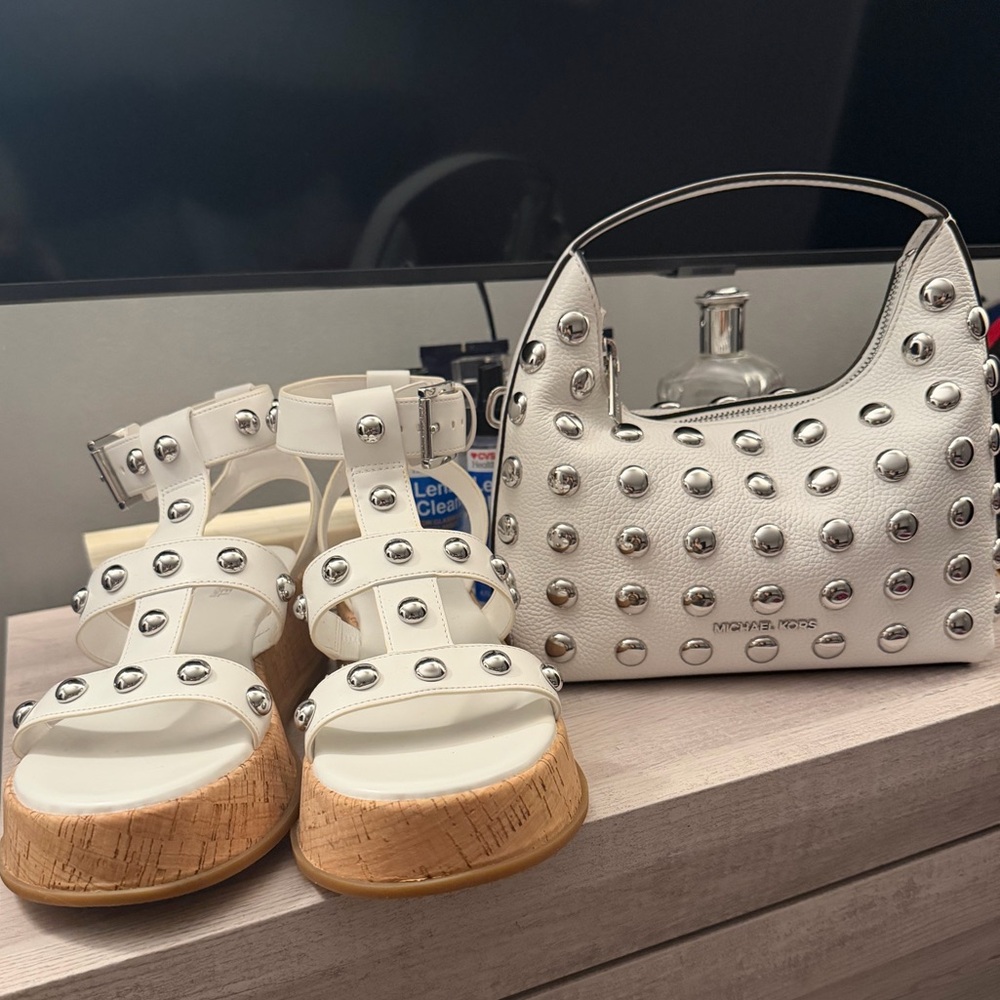 Michael Kors Bundle White Studded Bag and MK Studded gladiator sandals 7.5 - Picture 1 of 10